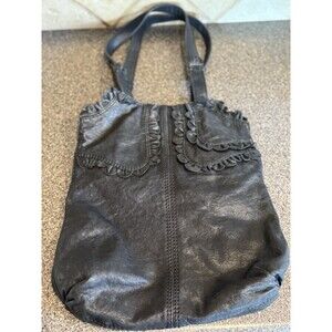 Lucky Brand 100% Italian Leather Black Shoulder Tote Handbag Floral Detail
